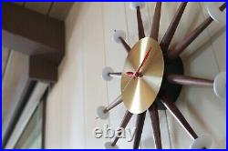 MODERN STARBURST WALL CLOCK VINTAGE SPUTNIK MID CENTURY 50s STYLE WALNUT BRASS