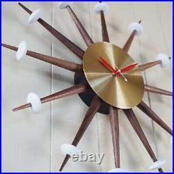 MODERN STARBURST WALL CLOCK VINTAGE SPUTNIK MID CENTURY 50s STYLE WALNUT BRASS