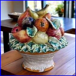 Majolica Ceramic Fruit Vegetable Basket Tureen Hand Painted Italy Mid-Century