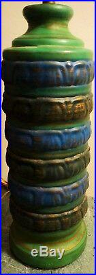 Matched Pair Vintage Retro Mid Century Art Pottery Table Lamps Blue Green Gold