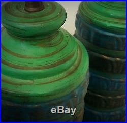 Matched Pair Vintage Retro Mid Century Art Pottery Table Lamps Blue Green Gold