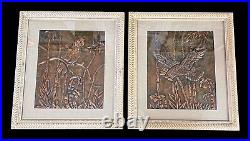 Mid Century 1960s Parrot Copper Relief Pictures Rattan Tiki Pair Matted Framed