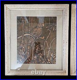 Mid Century 1960s Parrot Copper Relief Pictures Rattan Tiki Pair Matted Framed