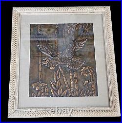 Mid Century 1960s Parrot Copper Relief Pictures Rattan Tiki Pair Matted Framed