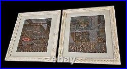 Mid Century 1960s Parrot Copper Relief Pictures Rattan Tiki Pair Matted Framed