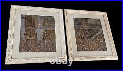 Mid Century 1960s Parrot Copper Relief Pictures Rattan Tiki Pair Matted Framed