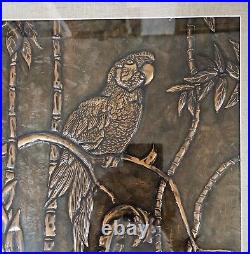 Mid Century 1960s Parrot Copper Relief Pictures Rattan Tiki Pair Matted Framed