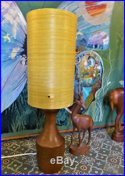 Mid Century 60s Teak Lamp Base Yellow Spun Fibreglass Shade Vintage Retro