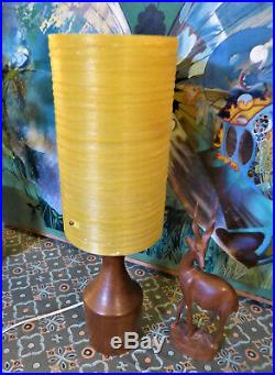 Mid Century 60s Teak Lamp Base Yellow Spun Fibreglass Shade Vintage Retro