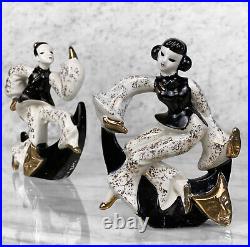 Mid-Century Asian Figural Theater Porcelain Wall Plaque Sculptures A Pair