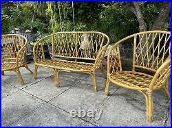 Mid Century Bamboo Sofa Set inc. 2 Chairs, Bohemian Boho Tiki Retro Cane Rattan
