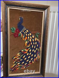 Mid-Century Beautiful Peacock Tapestry Framed Art 35 X 20