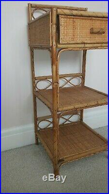 Mid Century Bohemian Bamboo Wicker Cane Shelving Unit / Bedside with Drawer