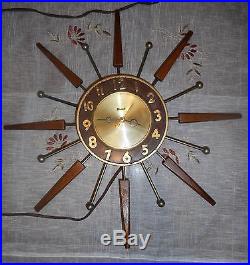 Mid-Century Danish Modern Teak Starburst Sunburst Atomic Sputnik Wall Clock