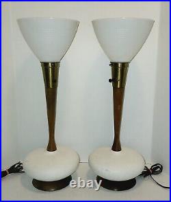 Mid Century Danish Modern VTG Textured Ceramic Lamps (2) Teak Neck & Base MCM