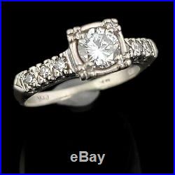 Mid Century Diamond 14k White Gold Engagement Ring Fishtail Retro Estate Vintage