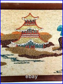 Mid Century Gravel Pebble Art Asian Landscape Wall Decor Wood Framed Pagoda