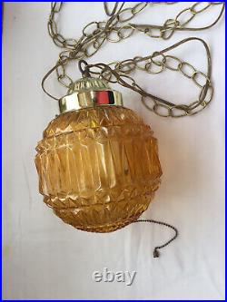Mid Century Hanging Lamp Swag Light Glass Globe Retro Pendant Vntg Chain Amber