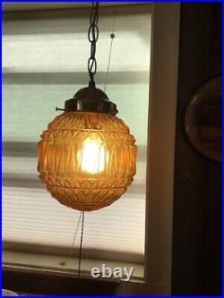 Mid Century Hanging Lamp Swag Light Glass Globe Retro Pendant Vntg Chain Amber