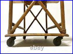 Mid Century Heywood Wakefield Bamboo Bar Cart Side Coffee Table Rolling Rattan