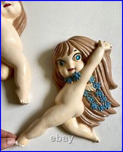 Mid Century Kitsch Pair of Chalkware Fairy Wall Hangings Pixie Cherubs Big Eyes