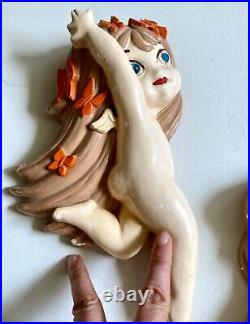 Mid Century Kitsch Pair of Chalkware Fairy Wall Hangings Pixie Cherubs Big Eyes