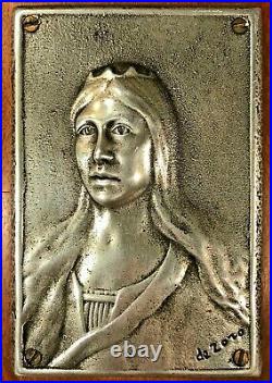 Mid Century Metal on Teak Wood Saint Barbara Icon Bust Signed'De Zozo