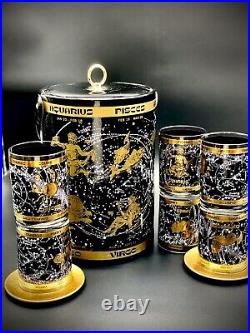 Mid Century Modern Astrology Zodiac Whiskey Glasses Set Of 6 with Ice Bucket