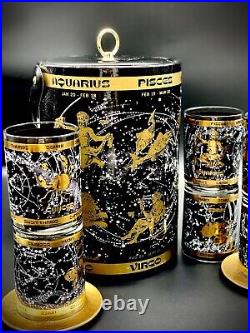 Mid Century Modern Astrology Zodiac Whiskey Glasses Set Of 6 with Ice Bucket