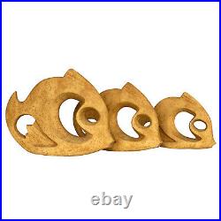 Mid-Century Modern Boho Yellow Ceramic Fish Sculpture Set of 3