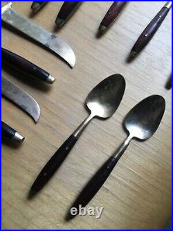 Mid Century Modern Brass Cutlery Rivited Teak Handle Set Of 5 Fork Knife Spoon