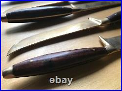 Mid Century Modern Brass Cutlery Rivited Teak Handle Set Of 5 Fork Knife Spoon