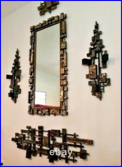 Mid Century Modern Brutalist Mirror Triple Sconces & Sculpture 5 Piece