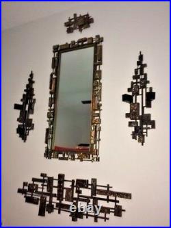 Mid Century Modern Brutalist Mirror Triple Sconces & Sculpture 5 Piece