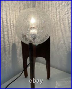 Mid Century Modern Crackle Glass Globe Lamp on Wood Base MCM Danish Style