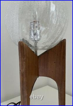 Mid Century Modern Crackle Glass Globe Lamp on Wood Base MCM Danish Style
