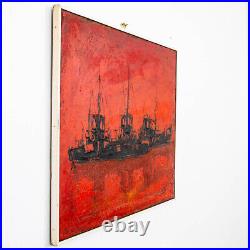 Mid Century Modern Danish Original Boats at Sea Oil Painting Abstract Red Black