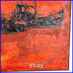 Mid Century Modern Danish Original Boats at Sea Oil Painting Abstract Red Black