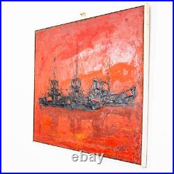 Mid Century Modern Danish Original Boats at Sea Oil Painting Abstract Red Black