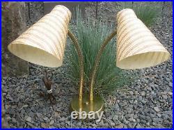 Mid Century Modern Double Gooseneck Table Lamp with Fiberglass Cone Shades