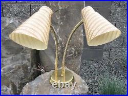 Mid Century Modern Double Gooseneck Table Lamp with Fiberglass Cone Shades