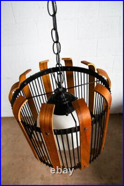 Mid Century Modern Hanging Lamp Metal Wood Switch Vintage White Globe Glass Mcm
