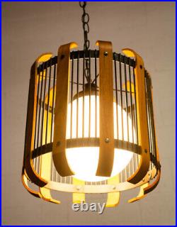 Mid Century Modern Hanging Lamp Metal Wood Switch Vintage White Globe Glass Mcm