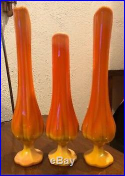 Mid Century Modern Retro Orange Viking Slag Glass Swung Vase LOT OF 3 Vintage