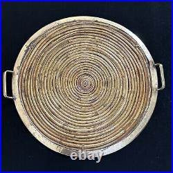 Mid Century Modern Round Bamboo Rattan & Brass Serving Tray Made in Italy 1970's