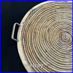 Mid Century Modern Round Bamboo Rattan & Brass Serving Tray Made in Italy 1970's