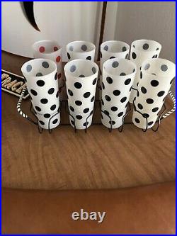 Mid Century Modern Set Of 8 Fire King Black &Red Polka Dot Tumblers W Carrier