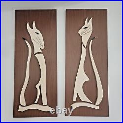 Mid Century Modern Set of 2 Wood Wall Hanging Cat Plaques 12 x 30 Each