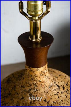 Mid Century Modern Table Lamp Solid Walnut Wood Cork 70s Round Light Lighting 1