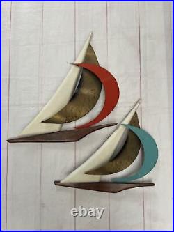 Mid Century Modern Teak Or Walnut Ships Sail Boats Wall Art MCM 1960s 1950s